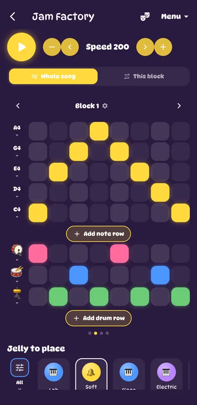 The Jam Factory grid with note rows and drum rows