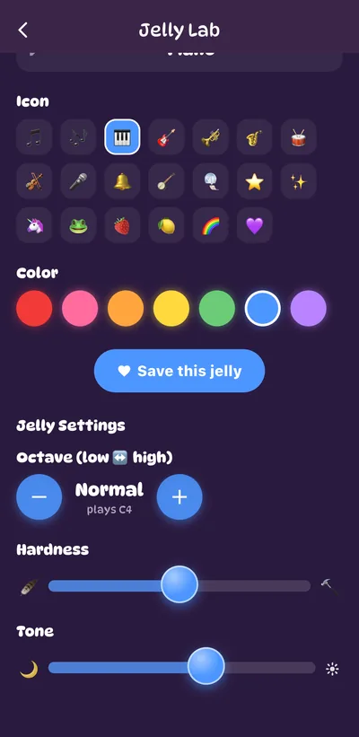 Icon, colour and sound sliders in the Jelly Lab