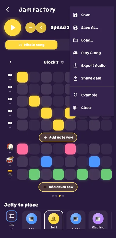 The Jam Factory menu with Save, Load, Export Audio and Share Jam