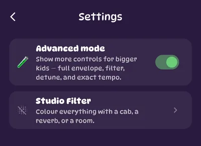 The Settings screen with Advanced mode and Studio Filter